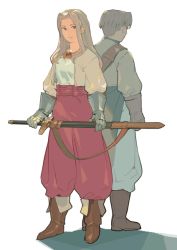 Rule 34 | 1boy, 1girl, blue eyes, blush, boots, breasts, brother and sister, brown gloves, brown hair, catiua powell, closed mouth, denim powell, full body, gloves, long hair, looking at viewer, sarmat, short hair, siblings, simple background, sword, tactics ogre, weapon, white background