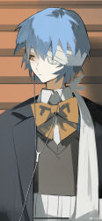 Rule 34 | 1girl, :/, absurdres, ayanami rei, bandage over one eye, bandaged head, bandages, black jacket, blue hair, bow, bowtie, cable, chinese commentary, closed mouth, collared shirt, earphones, expressionless, grey vest, highres, jacket, looking to the side, neon genesis evangelion, orange background, orange bow, orange bowtie, red eyes, shealy, shirt, short hair, solo, striped background, upper body, vest, weibo logo, weibo watermark, white shirt