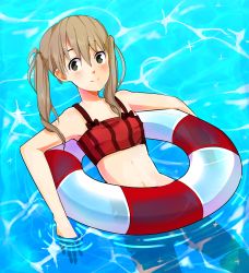 Rule 34 | 1girl, artist request, blonde hair, blush, closed mouth, green eyes, innertube, long hair, looking at viewer, maka albarn, navel, smile, solo, soul eater, swim ring, swimsuit, twintails, water