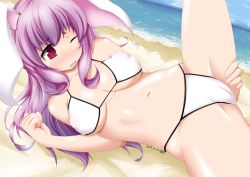 Rule 34 | 1girl, ;o, animal ears, beach, bikini, blush, breasts, covered erect nipples, dated, day, embarrassed, leg up, light purple hair, long hair, medium breasts, nature, navel, nipples, ocean, one eye closed, open mouth, outdoors, rabbit ears, red eyes, reisen udongein inaba, sand, sei0108, solo, spread legs, swimsuit, touhou, underboob, water, white bikini, wince