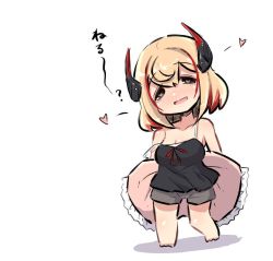 Rule 34 | 1girl, :d, azur lane, bare shoulders, barefoot, black camisole, blonde hair, blush, breasts, camisole, chibi, cleavage, collarbone, commentary request, frilled pillow, frills, grey eyes, grey shorts, half-closed eyes, head tilt, headgear, heart, heart-shaped pupils, holding, holding pillow, medium breasts, multicolored hair, nose blush, open mouth, pillow, red hair, roon (azur lane), shadow, short shorts, shorts, smile, solo, standing, standing on one leg, streaked hair, symbol-shaped pupils, translation request, u-non (annon&#039;an), white background