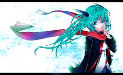Rule 34 | 1girl, aqua hair, bad id, bad pixiv id, blue eyes, female focus, fuyugasumi, gradient background, hatsune miku, highres, letterboxed, long hair, multicolored clothes, multicolored scarf, pointing, scarf, solo, vocaloid, white background