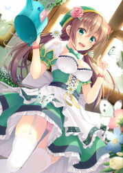 Rule 34 | 1girl, :d, apron, bow, breasts, brown hair, bug, butterfly, cleavage, corset, dress, flower, garter belt, garter straps, green dress, green eyes, hair flower, hair ornament, hat, insect, large breasts, long hair, low twintails, noe noel, open mouth, original, panties, pantyshot, pink panties, puffy short sleeves, puffy sleeves, short sleeves, smile, solo, standing, thighhighs, twintails, underwear, upskirt, very long hair, waist apron, watering can, white thighhighs