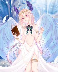 Rule 34 | angel, armlet, bird girl, black bow, black bowtie, blonde hair, blue hair, blush, book, bow, bowtie, bracelet, breasts, breasts apart, clothing cutout, dated, dress, enna alouette, green bow, green bowtie, highres, jewelry, jomi97078153, large wings, midriff, multicolored eyes, multicolored hair, navel, nijisanji, nijisanji en, purple eyes, reading, signature, sleeveless, small breasts, smile, stomach cutout, thighlet, third-party source, underboob, virtual youtuber, white dress, yellow eyes