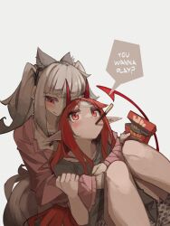 Rule 34 | 2girls, absurdres, animal ear fluff, animal ears, arknights, black shirt, blush, closed mouth, collarbone, demon girl, demon horns, demon tail, english text, food, food in mouth, frostleaf (arknights), grey background, grey hair, half-closed eyes, highres, horns, hug, hug from behind, knees up, long hair, long sleeves, mouth hold, multiple girls, pink shirt, pocky, pointy ears, red eyes, red hair, shirt, short sleeves, simple background, tail, togekk0, very long hair, vigna (arknights), wide sleeves, yuri