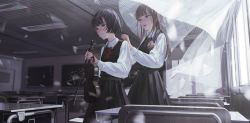 Rule 34 | 2girls, black hair, blush, bow (music), brown eyes, brown hair, chair, chalkboard, classroom, collared shirt, corsage, crying, crying with eyes open, curtains, desk, highres, holding, holding instrument, holding violin, indoors, instrument, multiple girls, original, putting on jewelry, school uniform, shirt, short hair, tears, telu2307, violin, white shirt, window