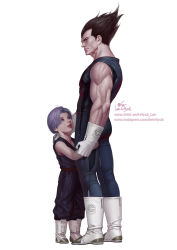 Rule 34 | 2boys, age difference, black hair, child, closed mouth, commentary, dragon ball, drawing, english commentary, father and son, gloves, hands on another&#039;s shoulders, height difference, highres, in-hyuk lee, leotard, looking at viewer, looking up, male focus, multiple boys, muscular, muscular male, solo focus, trunks (dragon ball), vegeta