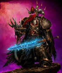 Rule 34 | abbadon the despoiler, ammunition belt, arm mounted weapon, armor, chain, chaos (warhammer), clawed gauntlets, energy sword, highres, holding, holding sword, holding weapon, israel llona, looking at viewer, ornate armor, pelt, plume, shell casing, skull, skull ornament, sword, terminator armor, tube, warhammer 40k, weapon