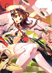 Rule 34 | 1girl, animal ears, arms up, ass, breasts, brown hair, center opening, detached sleeves, long hair, masa (masa-koba), mechanical parts, midriff, navel, no bra, open mouth, original, rabbit ears, red eyes, small breasts, smile, solo, thighhighs, thighs, underboob
