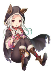 Rule 34 | 1girl, akanebi, animal ears, bad id, bad pixiv id, beige gloves, beige shirt, black cloak, black pantyhose, black skirt, blush, boots, brown footwear, cloak, commentary request, ears through headwear, full body, fur-trimmed boots, fur trim, gloves, granblue fantasy, highres, hood, hooded cloak, knee boots, long hair, long sleeves, looking at viewer, pantyhose, parted lips, plaid, plaid scarf, pom pom (clothes), red eyes, red scarf, scarf, scathacha (granblue fantasy), shirt, silver hair, simple background, skirt, solo, teeth, upper teeth only, white background