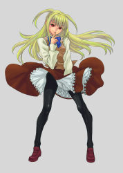 Rule 34 | 1boy, absurdres, bad id, bad pixiv id, black pantyhose, blonde hair, clothes lift, finger to mouth, highres, legs, loafers, long hair, male focus, maria holic, mary janes, momoco (anemone), pantyhose, red eyes, shidou mariya, shoes, skirt, skirt lift, solo, trap, twintails, two side up, wind, wind lift, window