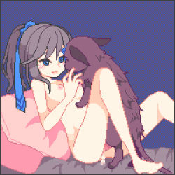 Rule 34 | 1boy, 1girl, bestiality, blue eyes, breasts, cum, cum in pussy, dog, eye contact, hair ornament, happy sex, hetero, looking at another, lowres, lying, medium breasts, missionary, mitsumine, nipples, nude, original, pillow, pixel art, ponytail, sex, smile, spread legs, uncensored, vaginal