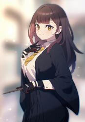 Rule 34 | black robe, black skirt, blurry, blurry background, breasts, brown hair, closed mouth, collared shirt, hand up, harry potter (series), highres, holding, holding wand, hololive, long hair, looking at viewer, medium breasts, necktie, nosir onadat, robe, roboco-san, shirt, skirt, virtual youtuber, wand, white shirt, wizarding world, yellow eyes, yellow necktie