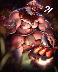 Rule 34 | 1boy, alternate muscle size, bara, beard, body fur, brown hair, bulge, cooking, cum, cum in clothes, cum through clothes, dungeon meshi, dwarf, facial hair, fake horns, feet out of frame, food, foreskin, fundoshi, hairy, helmet, highres, holding, holding plate, horned helmet, horns, incoming food, japanese clothes, large bulge, large pectorals, long beard, looking at viewer, male focus, muscular, muscular male, navel, navel hair, nekotine art, nipples, pectorals, plate, sausage, see-through, senshi (dungeon meshi), sitting, solo, sparse chest hair, spread legs, testicle peek, thick mustache, very long beard, wet, wet clothes, wet fundoshi