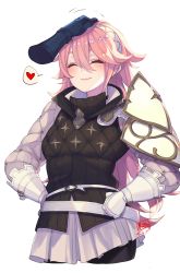 Rule 34 | 1girl, 1other, absurdres, ambiguous gender, armor, blush, closed eyes, fire emblem, gambeson, gloves, hairband, headpat, heart, highres, invisible, long hair, nintendo, pink hair, ritence, simple background, smile, soleil (fire emblem), solo focus, speech bubble, white background