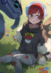 Rule 34 | 1girl, absurdres, arm support, backpack, bag, blue hair, blush, brown bag, commentary request, creatures (company), day, game freak, glasses, grass, grey eyes, highres, hood, hoodie, katsu (katsupainter), long sleeves, looking away, miraidon, multicolored hair, nintendo, open mouth, outdoors, pantyhose, penny (pokemon), poke ball print, pokemon, pokemon (creature), pokemon sv, print pantyhose, red hair, round eyewear, see-through, see-through skirt, sitting, skirt, sweat, two-tone hair