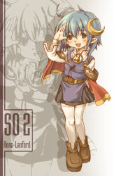 Rule 34 | 1girl, ahoge, bad id, bad pixiv id, belt, blue hair, cape, character name, crescent, crescent hair ornament, full body, green eyes, hair ornament, hairpin, itoichi., moon, pointy ears, rena lanford, shoes, short hair, skirt, smile, solo, star ocean, star ocean the second story, thighhighs, white thighhighs, zoom layer
