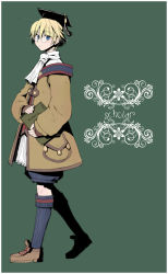 Rule 34 | 00s, 1girl, ascot, blue eyes, blue socks, book, closed mouth, coat, final fantasy, final fantasy xi, frown, full body, glasses, green background, hat, holding, holding book, hume, kneehighs, long sleeves, looking at viewer, round eyewear, scholar (final fantasy), shoes, short hair, shorts, simple background, socks, solo, tassel, text focus, toroshio, walking
