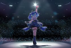 Rule 34 | 1girl, ahoge, alive musix, arm up, blue footwear, blue hair, boots, concert, dress, fishnet thighhighs, fishnets, from behind, heart, heart ahoge, holding, holding microphone, idol, idol clothes, knee boots, long hair, mair (alive musix), microphone, single thighhigh, spotlight, stage, stage lights, thigh strap, thighhighs, toromera, twintails, virtual youtuber