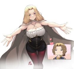 Rule 34 | 1boy, 1girl, beard stubble, black corset, black shorts, blonde hair, blue eyes, breasts, brown cloak, brown hair, cleavage, cloak, corset, facial hair, hug invitation, jk arts, large breasts, long hair, methode (sousou no frieren), outstretched arms, pantyhose, red pantyhose, sein (sousou no frieren), shorts, simple background, smile, sousou no frieren, stubble, white background