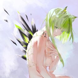 Rule 34 | 1girl, animal ear fluff, animal ears, arknights, asymmetrical hair, breasts, cat ears, closed mouth, cracked skin, green eyes, green hair, hand on own chest, highres, kal&#039;tsit (arknights), kyouno (echo field), looking at viewer, material growth, medium breasts, nude, sitting, solo