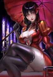 Rule 34 | 1girl, absurdres, bathtub, black hair, blood, blood on clothes, bloodless (bloodstained), bloodstained: ritual of the night, breasts, cleavage, commentary, female focus, highres, horns, impossible clothes, large breasts, lipstick, makeup, parasol, ragecndy, red eyes, shiny clothes, shiny skin, solo, solo focus, thick thighs, thighs, umbrella, vampire