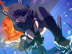 Rule 34 | 10s, 1girl, black thighhighs, blood, explosion, eyepatch, grin, headgear, kantai collection, makoto osamu, necktie, purple hair, red eyes, short hair, smile, solo, sword, tenryuu (kancolle), thighhighs, water, weapon