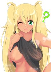 Rule 34 | 1girl, ?, bare shoulders, black tank top, blonde hair, blush, breasts, chawan (yultutari), clothes lift, clueless, collarbone, covered erect nipples, dark-skinned female, dark skin, dumbbell nan kilo moteru?, fang, gyaru, highres, large breasts, lifted by self, long hair, looking at viewer, navel, nipples, one breast out, one eye closed, open mouth, sakura hibiki, shirt lift, simple background, solo, sweat, tan, tank top, twintails, white background