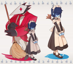 Rule 34 | 1boy, 1other, alternate costume, apron, black dress, black footwear, blue hair, blue skin, broom, closed mouth, colored skin, commentary request, crossdressing, deltarune, dress, duster, enmaided, feather duster, holding, holding broom, holding tray, kris (deltarune), maid, maid headdress, multiple views, necktie, red necktie, senjochi janai, shaded face, short hair, simple background, standing, swatchling (deltarune), trap, tray, twitter username, white apron, white legwear