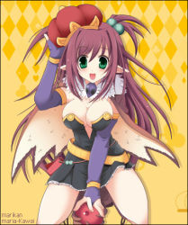 Rule 34 | 1girl, alchemist (ragnarok online), blue gloves, blush, boots, breasts, brown cape, brown footwear, brown hair, cape, cleavage, crown, dress, elbow gloves, fingerless gloves, full body, fur collar, gloves, green eyes, hair between eyes, hair bobbles, hair ornament, kawai maria, large breasts, long hair, looking at viewer, lowres, open mouth, pointy ears, ragnarok online, short dress, smile, solo, strapless, strapless dress, two side up, yellow background