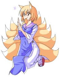 Rule 34 | 1girl, animal ears, blonde hair, breasts, female focus, fox ears, fox tail, hirase yuu, large breasts, mouth hold, multiple tails, short hair, simple background, smile, solo, tail, touhou, white background, yakumo ran