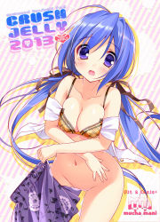 Rule 34 | 1girl, blue hair, blush, bottomless, bra, breasts, cleavage, collarbone, d:, hair ribbon, long hair, low twintails, navel, open clothes, open mouth, open shirt, original, piyodera mucha, plaid, plaid bra, purple eyes, ribbon, shirt, skirt, unworn skirt, solo, tears, twintails, underwear, undressing