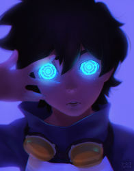 Rule 34 | 1boy, absurdres, blue background, brown hair, finger to eye, glowing, glowing eyes, goggles, goggles around neck, hair between eyes, hand on own face, highres, kekkai sensen, leonardo watch, male focus, parted lips, portrait, short hair, solo, symbol-shaped pupils, turtleneck, uneven eyes, vizerothree, wide-eyed