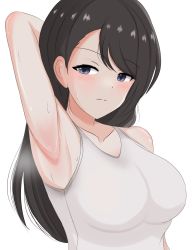 Rule 34 | 1girl, arm up, armpits, arms behind head, black hair, highres, original, ryzeon, sleeveless, smell, stained clothes, steam, sweat, sweatdrop, tank top