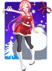 Rule 34 | 1girl, ;d, aqua eyes, bad id, bad pixiv id, bare shoulders, black pantyhose, boots, christmas, dra+koi, hat, heroine (dra+koi), highres, knee boots, long hair, merry christmas, one eye closed, open mouth, outstretched arm, pantyhose, pink hair, sack, santa costume, santa hat, skirt, slit pupils, smile, snowflakes, solo, standing, violetshit, wink