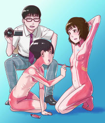 Rule 34 | 1boy, 2girls, arms behind head, artist request, barefoot, black hair, blush, bodypaint, brown hair, brush, camera, chair, closed eyes, feet, glasses, highres, kneeling, multiple girls, navel, necktie, nude, paint, painting (action), short hair, sitting, source request, tongue, tongue out