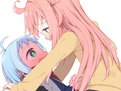 Rule 34 | 1boy, 1girl, ayanepuna, blue hair, blue shirt, blush, brown eyes, brown hoodie, brown scarf, commentary request, drawstring, eye contact, from side, green eyes, hood, hood down, hoodie, ii (ayanepuna), jacket, kuu (ayanepuna), long hair, long sleeves, looking at another, nose blush, one side up, open mouth, original, pink hair, profile, puffy long sleeves, puffy sleeves, scarf, shirt, simple background, sleeves past wrists, very long hair, white background, white jacket