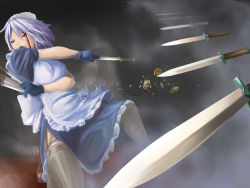 Rule 34 | 1girl, black thighhighs, blood, breasts, broken, brown eyes, female focus, foreshortening, ghostshell0083, gloves, gradient background, izayoi sakuya, knife, maid, maid headdress, one eye closed, open mouth, pocket watch, short hair, solo, thighhighs, throwing knife, torn clothes, touhou, watch, weapon, wink