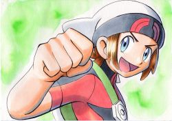 Rule 34 | 1boy, :d, backpack, bag, beanie, blue eyes, brendan (pokemon), brown hair, clenched hand, commentary, creatures (company), game freak, green background, green bag, hand up, hat, highres, jacket, male focus, nintendo, oka mochi, open mouth, pokemon, pokemon oras, red jacket, short hair, short sleeves, smile, solo, tongue, traditional media, upper body, white hat