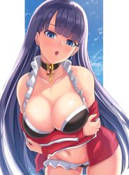 Rule 34 | 1girl, :o, arms under breasts, bikini, blue eyes, blunt bangs, blush, breasts, choker, cleavage, collarbone, cowboy shot, cross, cross choker, earrings, fate/grand order, fate (series), frilled bikini, frills, hoop earrings, jacket, jewelry, kanki (kibunhasaikou), large breasts, leaning forward, long hair, looking at viewer, martha (fate), martha (swimsuit ruler) (fate), martha (swimsuit ruler) (second ascension) (fate), navel, off shoulder, open clothes, open jacket, open mouth, outside border, purple hair, red jacket, smile, solo, swimsuit, very long hair