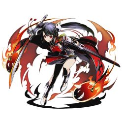 Rule 34 | 10s, 1girl, black dress, black hair, breasts, divine gate, dress, earrings, fire, floating hair, full body, hair ornament, himezuru (divine gate), holding, holding sheath, holding sword, holding weapon, jewelry, leaning forward, long hair, looking at viewer, medium breasts, official art, red eyes, shadow, sheath, smile, solo, sword, transparent background, twintails, ucmm, unsheathed, very long hair, weapon