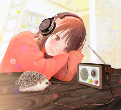 Rule 34 | 1girl, blurry, blurry background, blush, brown eyes, brown hair, cable, commentary request, head on arm, headphones, hedgehog, listening, nakamura hinata, original, radio, radio antenna, red sweater, short hair, solo, sweater, table