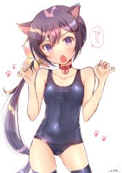 Rule 34 | 10s, 1girl, absurdres, akebono (kancolle), animal ears, bad id, bad pixiv id, bare arms, bare shoulders, bell, cat ears, fang, flower, hair bell, hair flower, hair ornament, highres, jingle bell, kantai collection, kemonomimi mode, long hair, open mouth, paw print, purple eyes, purple hair, school swimsuit, side ponytail, signature, simple background, solo, swimsuit, thighhighs, very long hair, white background, white thighhighs, yuu zaki