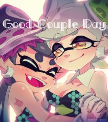 Rule 34 | + +, 2girls, :d, bare shoulders, black dress, black hair, blush, breasts, callie (splatoon), chichi band, cleavage, closed eyes, closed mouth, collarbone, couple, cousins, detached collar, dress, earrings, english text, fangs, female focus, gloves, grey hair, hair rings, half-closed eyes, happy, holding hands, inkling, interlocked fingers, jewelry, long hair, looking at another, marie (splatoon), medium breasts, mole, mole under eye, multiple girls, nintendo, open mouth, short eyebrows, short hair, simple background, smile, splatoon (series), splatoon 1, strapless, strapless dress, symbol-shaped pupils, teeth, tentacle hair, upper body, white background, white gloves, yellow eyes, yuri