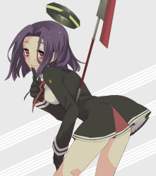 Rule 34 | 10s, 1girl, bent over, glaive (polearm), gloves, halberd, halo, inoue mikuni, kantai collection, looking at viewer, mechanical halo, personification, polearm, purple hair, red eyes, short hair, solo, tatsuta (kancolle), weapon