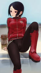 Rule 34 | 10s, 1girl, black hair, blush, boots, cameltoe, cleft of venus, coffee cup, cup, disposable cup, highres, jacket, kitora ai, knee boots, leg up, musen-shiki sanhankikan, no panties, pants, pantyhose, purple eyes, red footwear, short hair, sitting, skin tight, solo, track jacket, world trigger