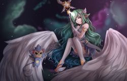 Rule 34 | 1girl, absurdres, alternate costume, alternate eye color, alternate hair color, alternate hairstyle, breasts, gloves, green hair, highres, horns, league of legends, long hair, magical girl, single horn, solo, soraka (league of legends), staff, star guardian (league of legends), star guardian soraka, thighhighs, very long hair, white gloves, white thighhighs, white wings, wings