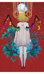 Rule 34 | 1girl, bell, birdcage, blonde hair, border, bow, cage, candy, candy cane, cape, commentary request, crystal, flandre scarlet, food, from behind, full body, hair bell, hair bow, hair ornament, highres, holding, holding candy, holding candy cane, holding food, jingle bell, letterboxed, mistletoe, no headwear, pantyhose, red background, red bow, red footwear, reeh (yukuri130), shoes, short hair, simple background, solo, standing, touhou, white border, white cape, white pantyhose, wings