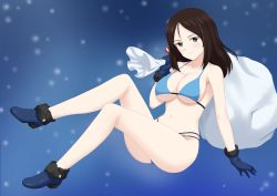 Rule 34 | 1girl, absurdres, bikini, black hair, blue bikini, blue eyes, blue footwear, blue gloves, blue hat, blue santa costume, breasts, carrying over shoulder, christmas, cleavage, closed mouth, flatfield, floating, full body, girls und panzer, gloves, hat, highres, large breasts, legs, long hair, looking at viewer, multi-strapped bikini, navel, night, night sky, nonna (girls und panzer), sack, santa bikini, santa costume, santa hat, shoes, sky, smile, solo, star (sky), starry sky, swept bangs, swimsuit
