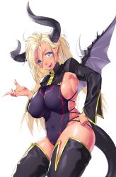 Rule 34 | 1girl, :d, absurdres, armpits, black thighhighs, blonde hair, blue eyes, breasts, covered navel, cowboy shot, dragon girl, dragon horns, dragon tail, dragon wings, fangs, fingernails, from side, hand up, head tilt, highres, horns, huge breasts, leotard, long hair, long sleeves, looking at viewer, multicolored eyes, onsoku inu, open mouth, original, pointy ears, purple leotard, ringed eyes, sharp fingernails, shrug (clothing), sideboob, simple background, slit pupils, smile, solo, tail, tan, thighhighs, white background, wings, yellow eyes